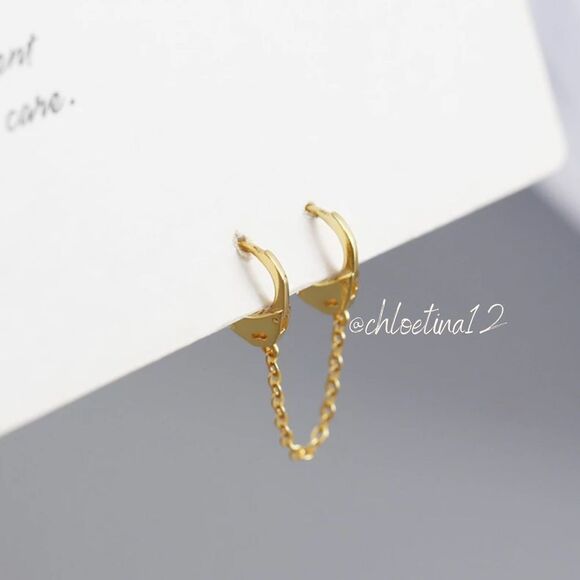 New Gold over 925 Sterling Silver Pierced Handcuff Hoop Chain Earring - Picture 8 of 13